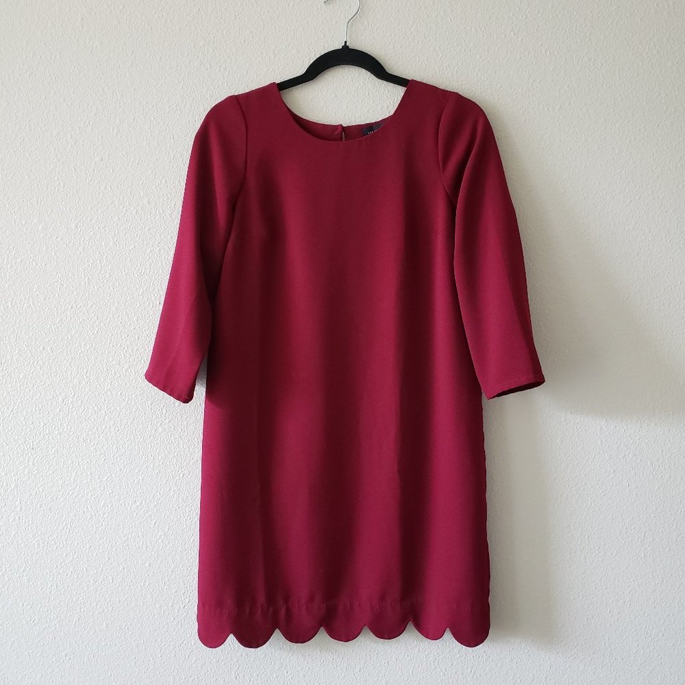 The Limited Burgundy Scallop Hem Long Sleeve Shift Dress XS
